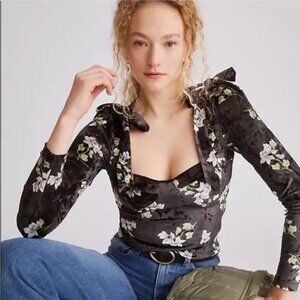 Hutch Daphne Velvet Floral Sweetheart Corset Long Sleeve Top in Black XS